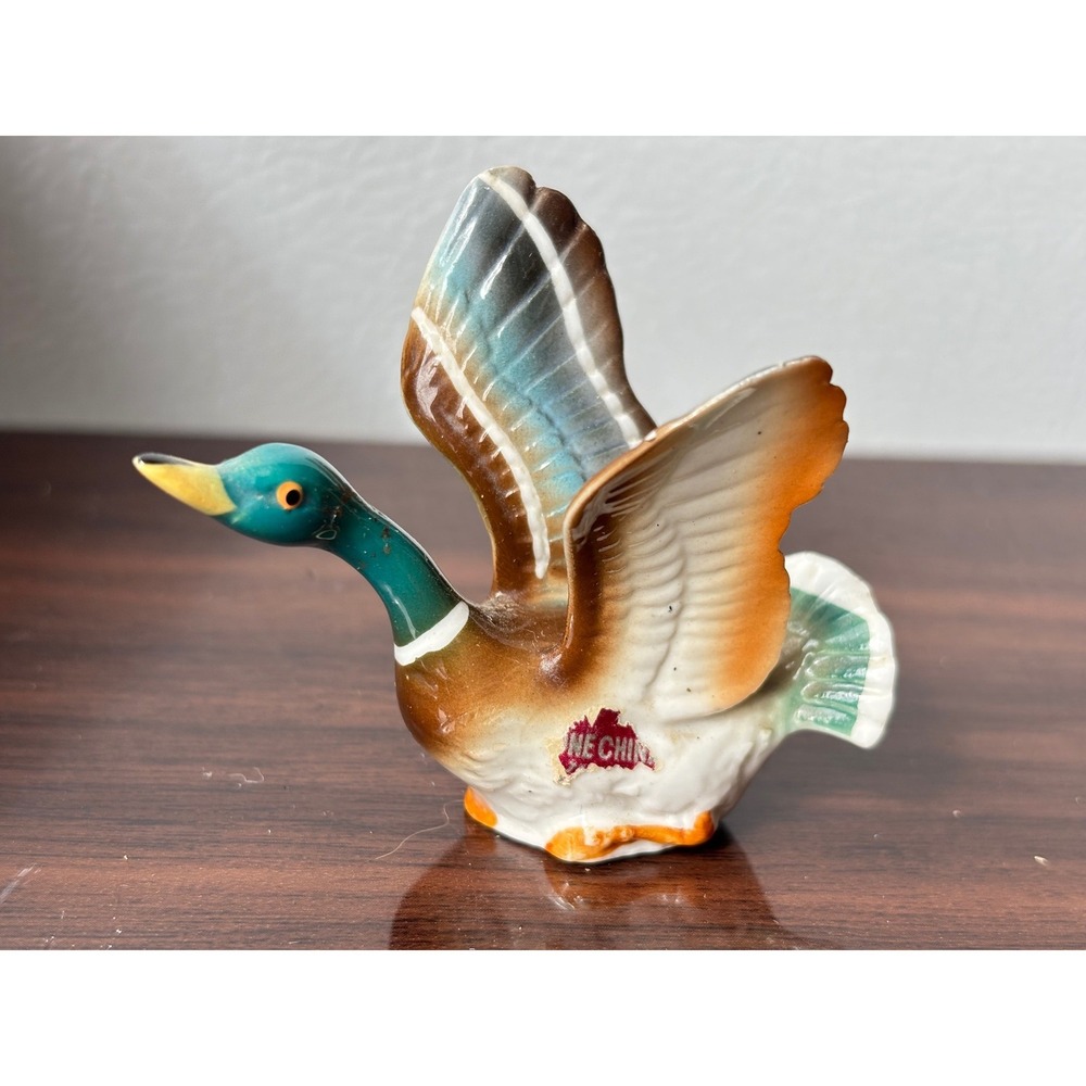 Vtg Bone China Mallard Duck Figurine  Mini Flying Drake BirdDecor
